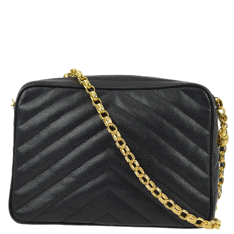 Chanel Black Caviar V Stitch Fringe Camera Bag Small