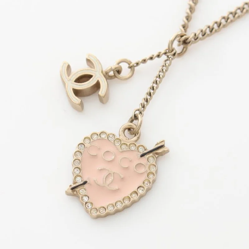 Chanel Coco Mark Heart Necklace GP Rhinestone Gold Light Pink Clear 10P 896331 - Condition AB