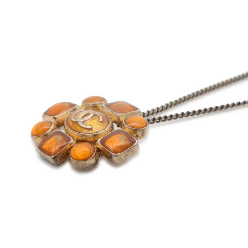 CHANEL CC Logo Clypore Necklace Orange/Silver Metal