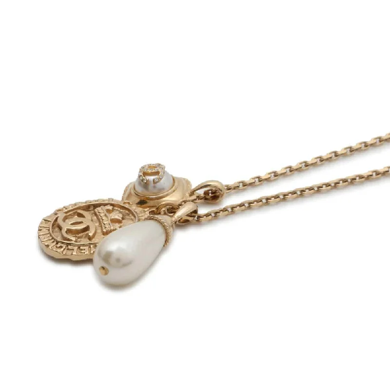 CHANEL Faux Pearl Long Necklace Gold Metal