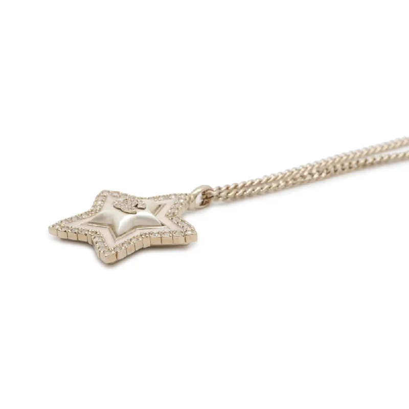 CHANEL CC Logo Rhinestone Star Necklace Champagne Gold Metal