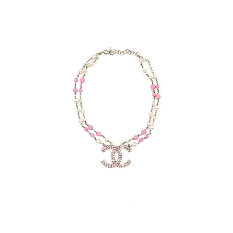 Chanel 19C Pearl/Crystal Necklace CC Logo Drop Pink/Silver Tone