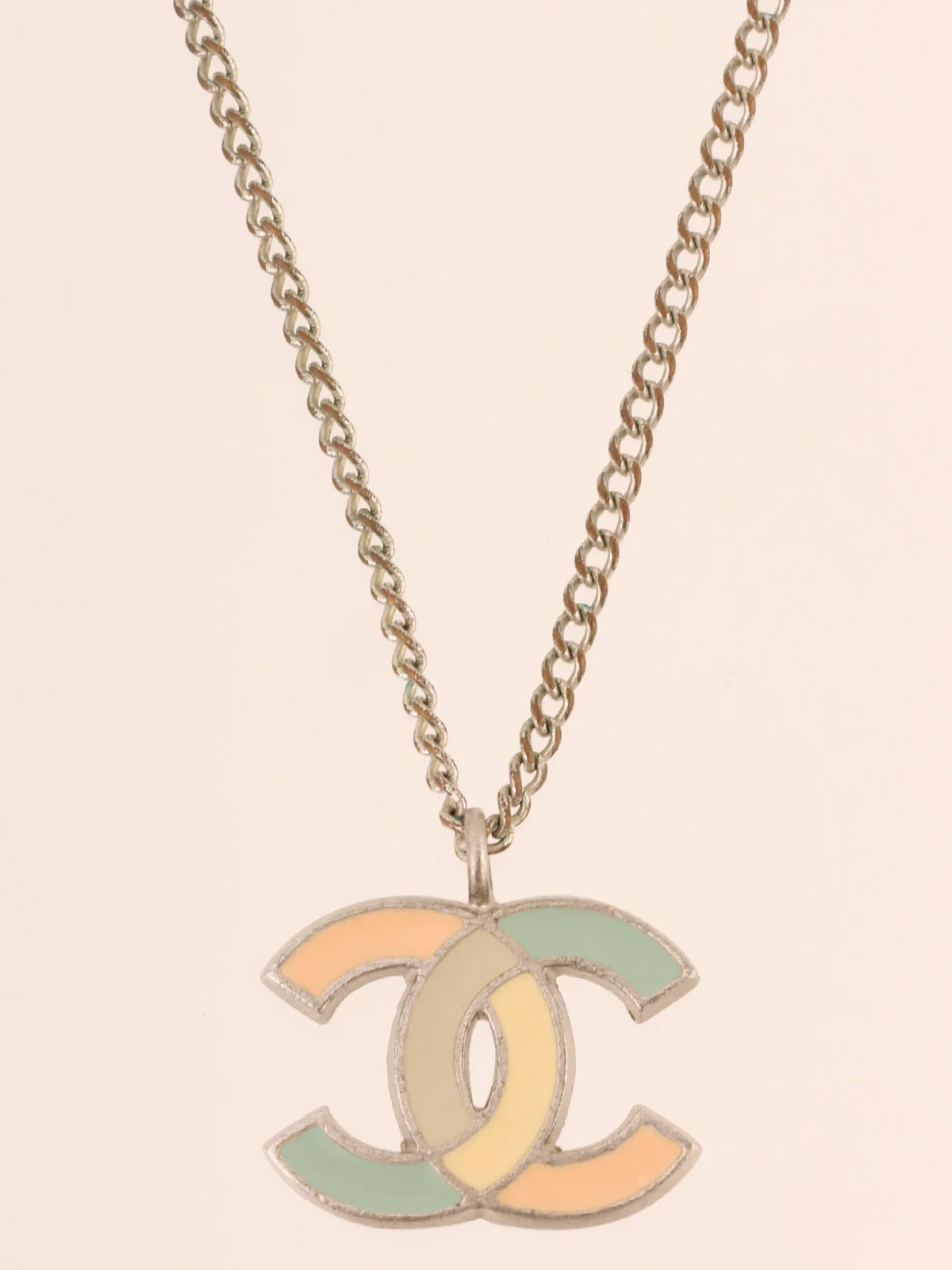 CHANEL 2005 Made Cc Mark Plate Necklace Silver/Multi