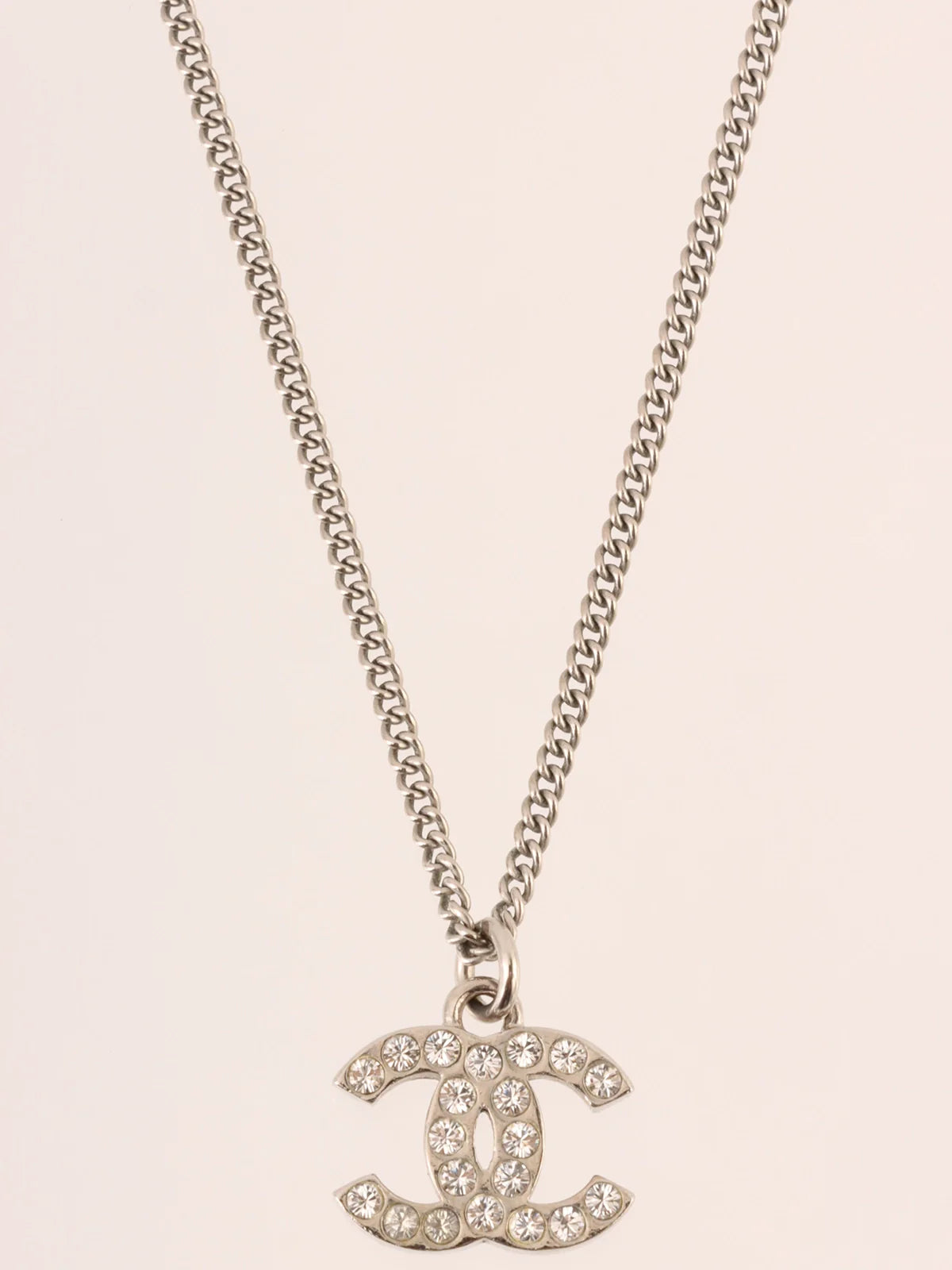 CHANEL 2014 Made Rhinestone Mini Cc Mark Plate Necklace Silver