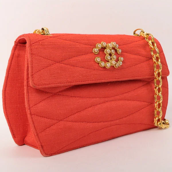 CHANEL Around 1998 Made Cotton Pearl Cc Mark Bijoux Chain Bag Red