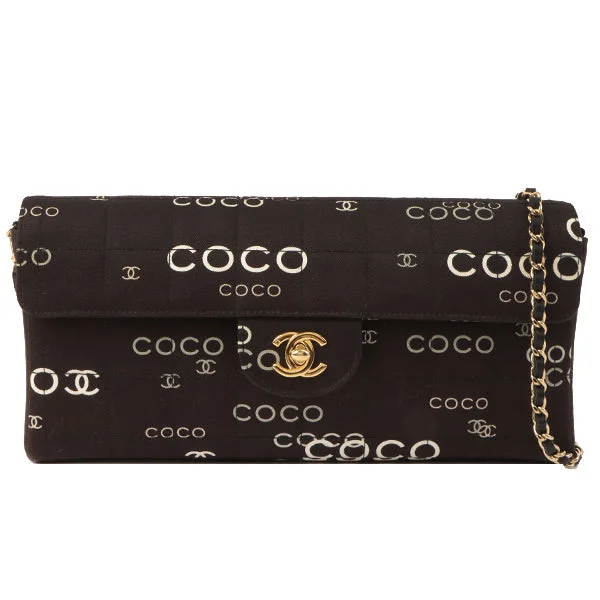 Chanel Around 2002 Made Cotton Logo Print Chocolate Bar Turn-Lock Chain Bag Black