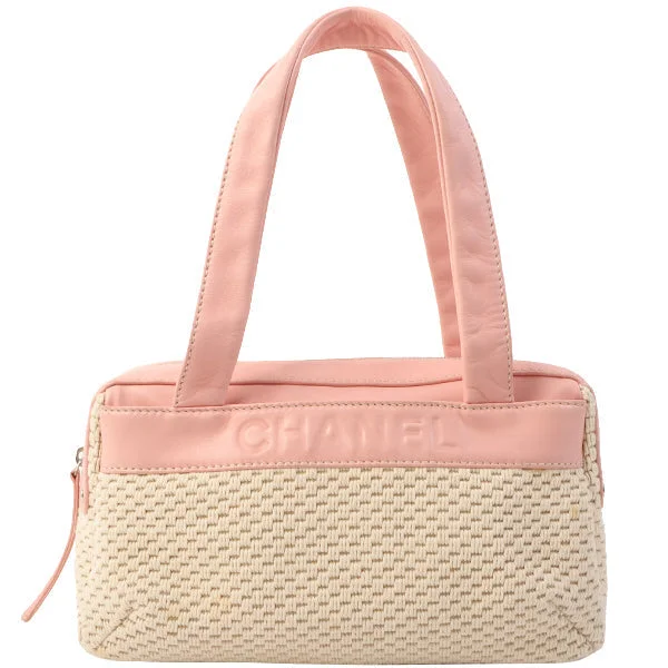 Chanel Around 2005 Made Cotton Leather Comby Logo Embossed Handle Bag Beige/Pink