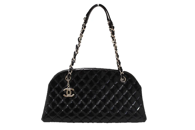 Chanel Black Patent Quilted Medium Just Mademoiselle Bowling Bag