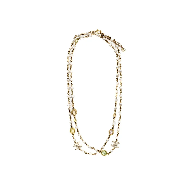 Chanel CC Logo/Pearl/Crystal Long Necklace Light Gold Tone