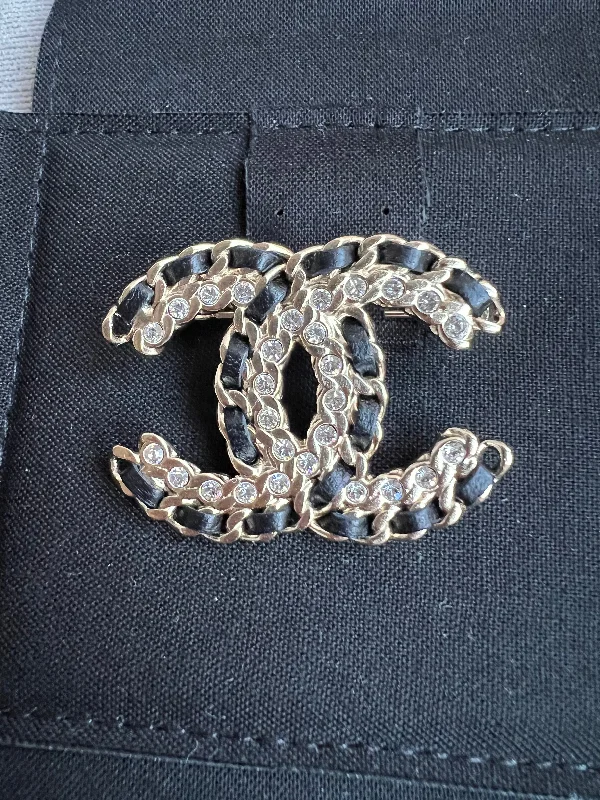 Chanel Leather Intwined & Crystal Encrusted CC Brooch