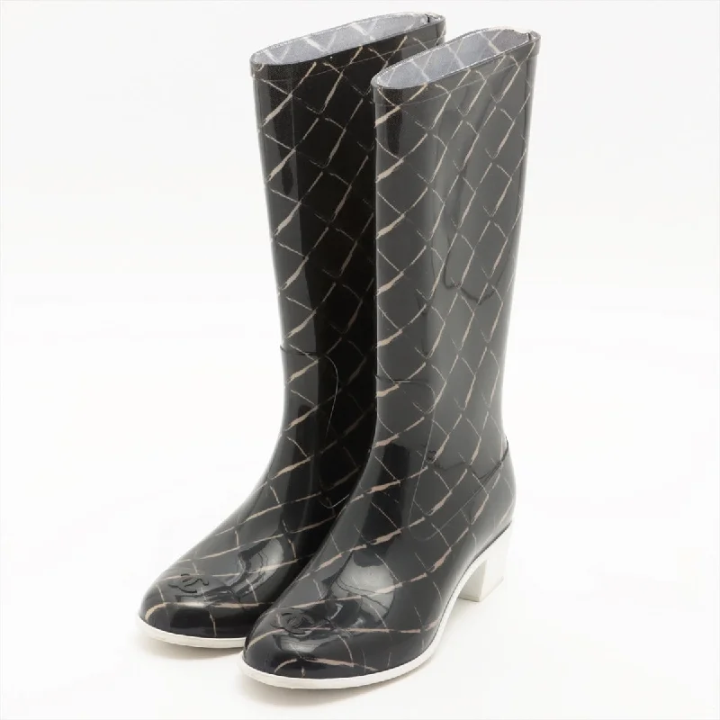 Chanel Coco Laver Rain Boots 35  Black x Beige Upper Inside Head Yogurt at