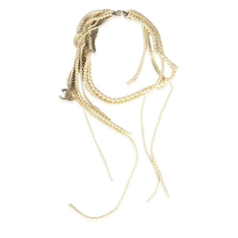 CHANEL Faux-Pearl Fringe Necklace Gold Toned Multi-Strand B 14 B