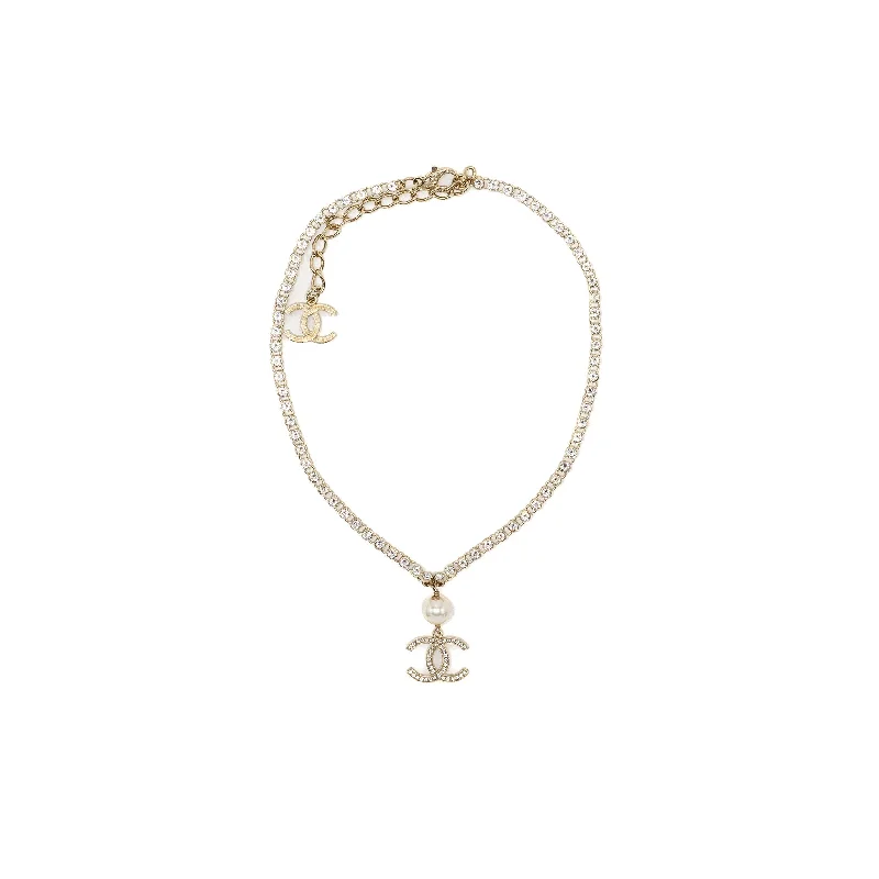 Chanel Pearl and CC logo with crystal chain necklace light gold tone