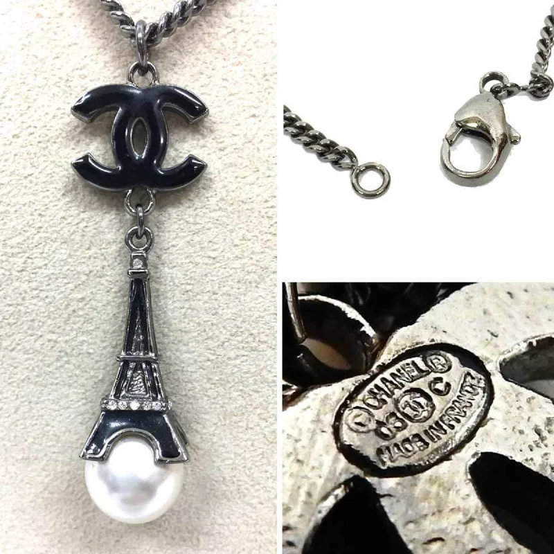 Chanel Pendant Necklace Coco Mark Artificial pearl Eiffel Tower 06C Black Silver Color Ladies