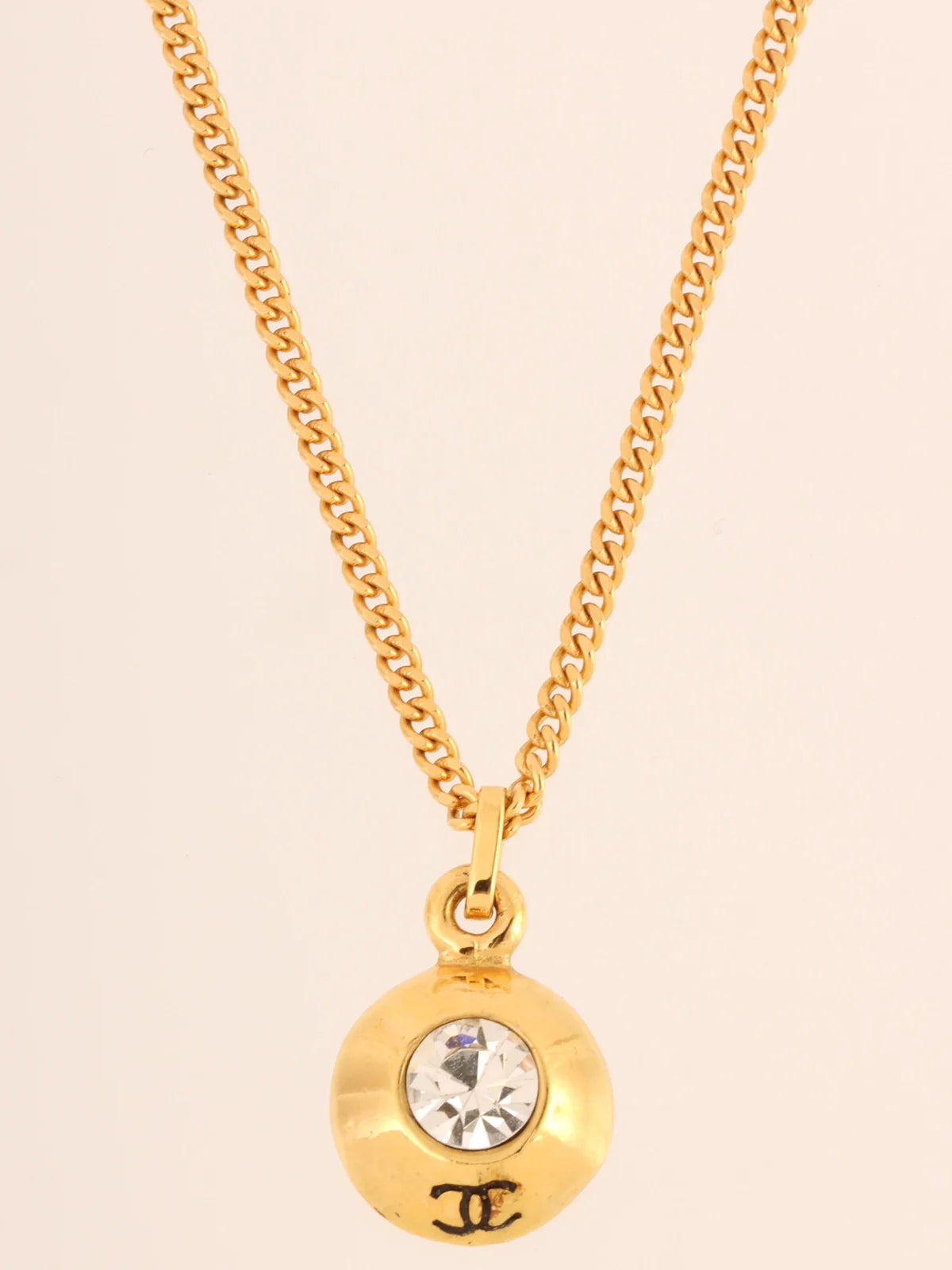 CHANEL Rhinestone Round Cc Mark Necklace Gold