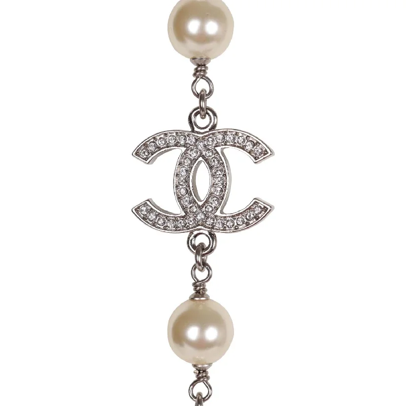 Chanel Silver Metal, White Strass, and White Pearl Logo Sautoir Necklace