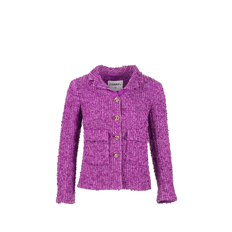 CHANEL Size 34 21C Gold CC Buttons Tweed Jacket Cotton/Acrylic Purple