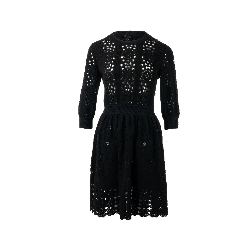 Chanel Size 38 20P Crochet Lace Knit CC Logo Dress Cotton Black