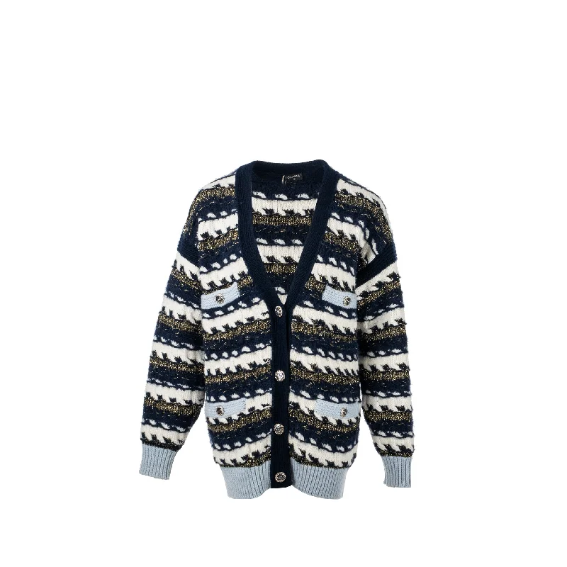 Chanel size 38 22B cardigan cashmere/ cotton / wool multicolour navy/ light blue/ white