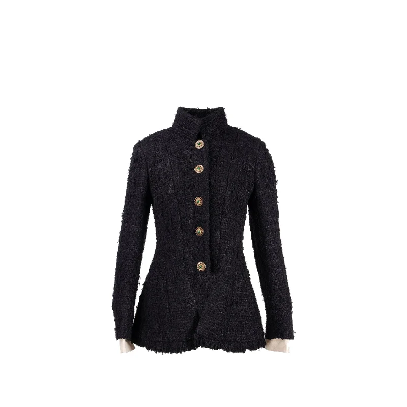 Chanel Size 40 Detail Button Jacket Tweed/Silk Black