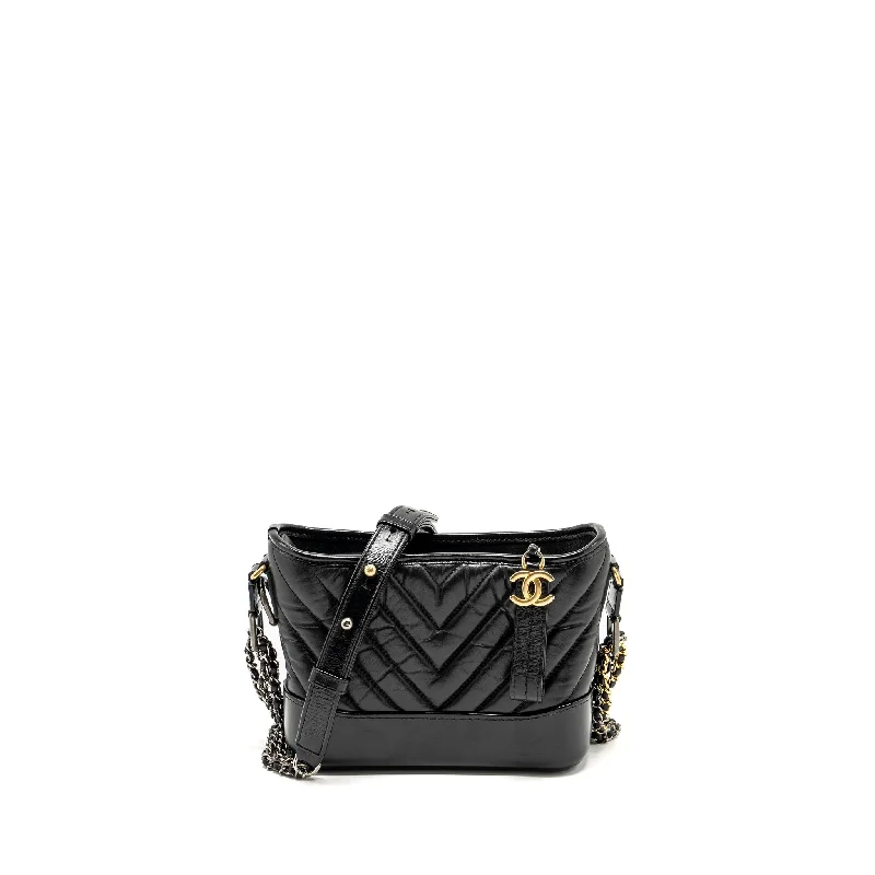 Chanel Small Chevron Gabrielle Hobo Bag Calfskin Black Multicolour Hardware