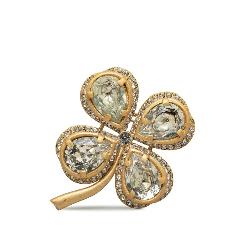 CHANEL Vintage Brooch Clover Rhinestone Gold Plating