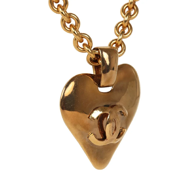 Vintage Chanel Long CC Heart Pendant Necklace Gold Metal